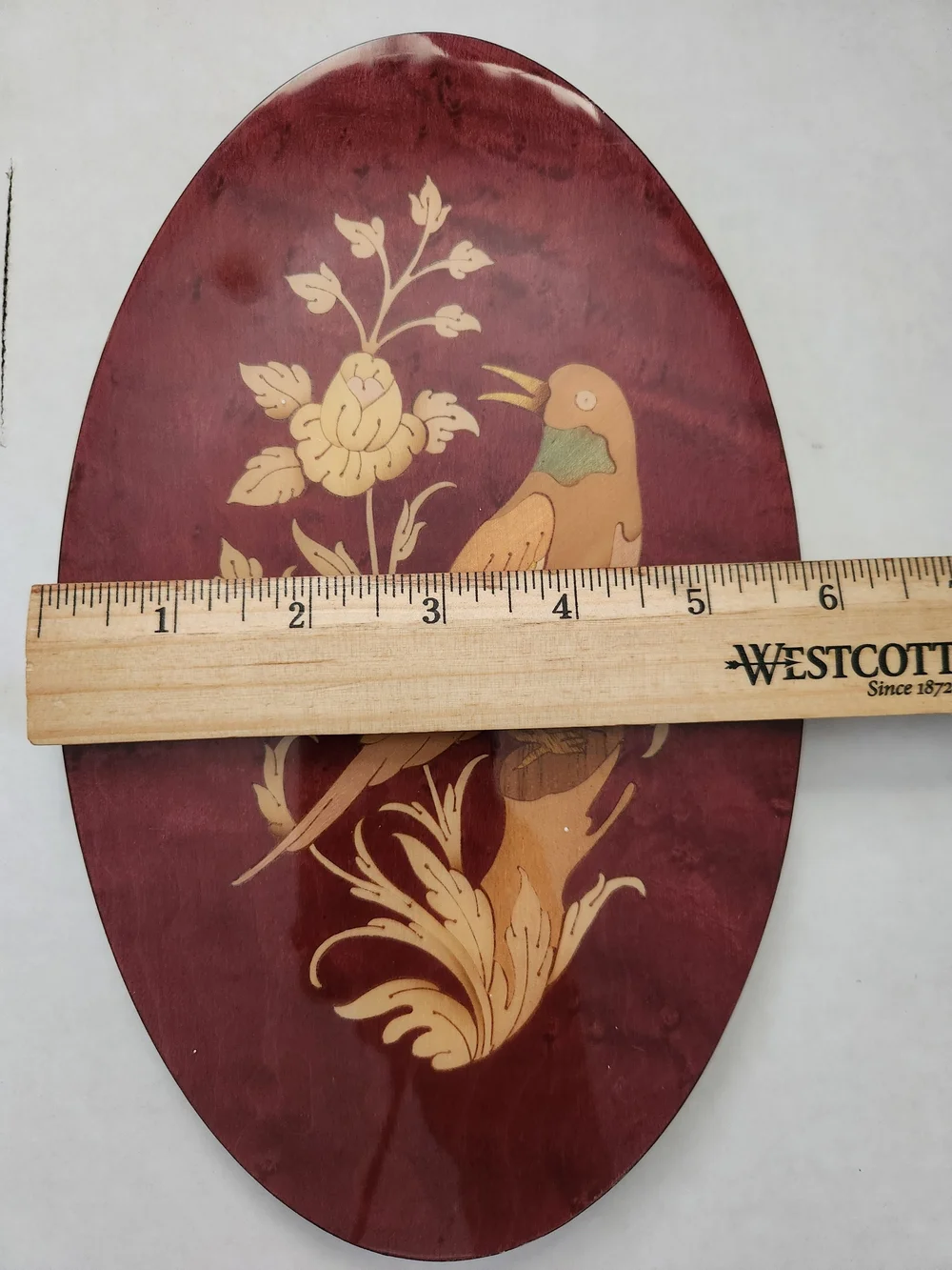 Two A. Stinga Inlaid Wood Birds Oval Plaques Sorrento Italy Blue Burgandy